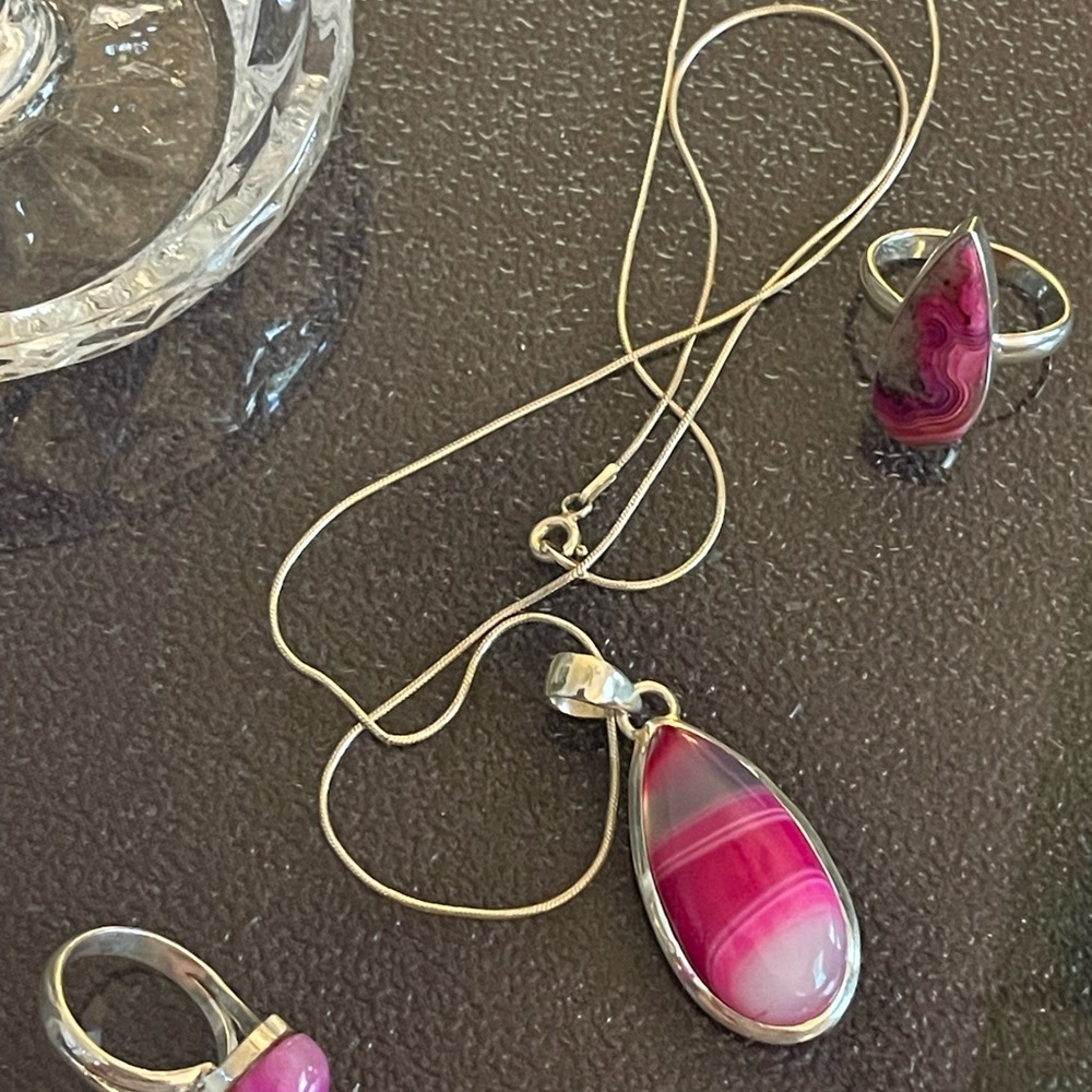 Pink Botswana Agate 925 Silver Pendant w/Chain and 2 Matching Rings Size 6